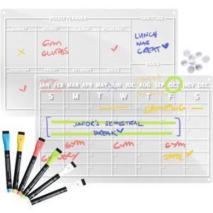 Acrylic Magnetic Monthly & Weekly Calendar for Fridge - Clear Dry Erase Board Set of 2 with 6 Color Markers (5 Colors), Reusable Planner for Home, Office (16"x12") - Gratitude and Goal Tracker