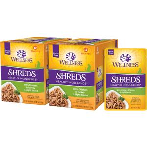 Wellness Healthly Indulgence Shreds Adult Wet Cat Food, Natural, Protein-Rich, Grain Free, 3 Ounce Pouch, 24 Pack, (Chicken & Turkey)