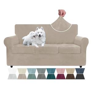 ZNSAYOTX Luxury Velvet Couch Cover 4 Piece (72"-92") Stretch Sofa Covers for 3 Cushion Couch Thick Soft Sofa Slipcover with Non Slip Strap, Dog Pet Friendly Nice Furniture Protector (Khaki)