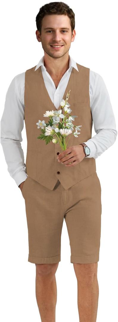 Men's Suit 2 Pieces Vest Short Pants Set Chic Beach Wedding Outfit Homecoming Party Linen Lightweight Casual Summer Fit Khaki S