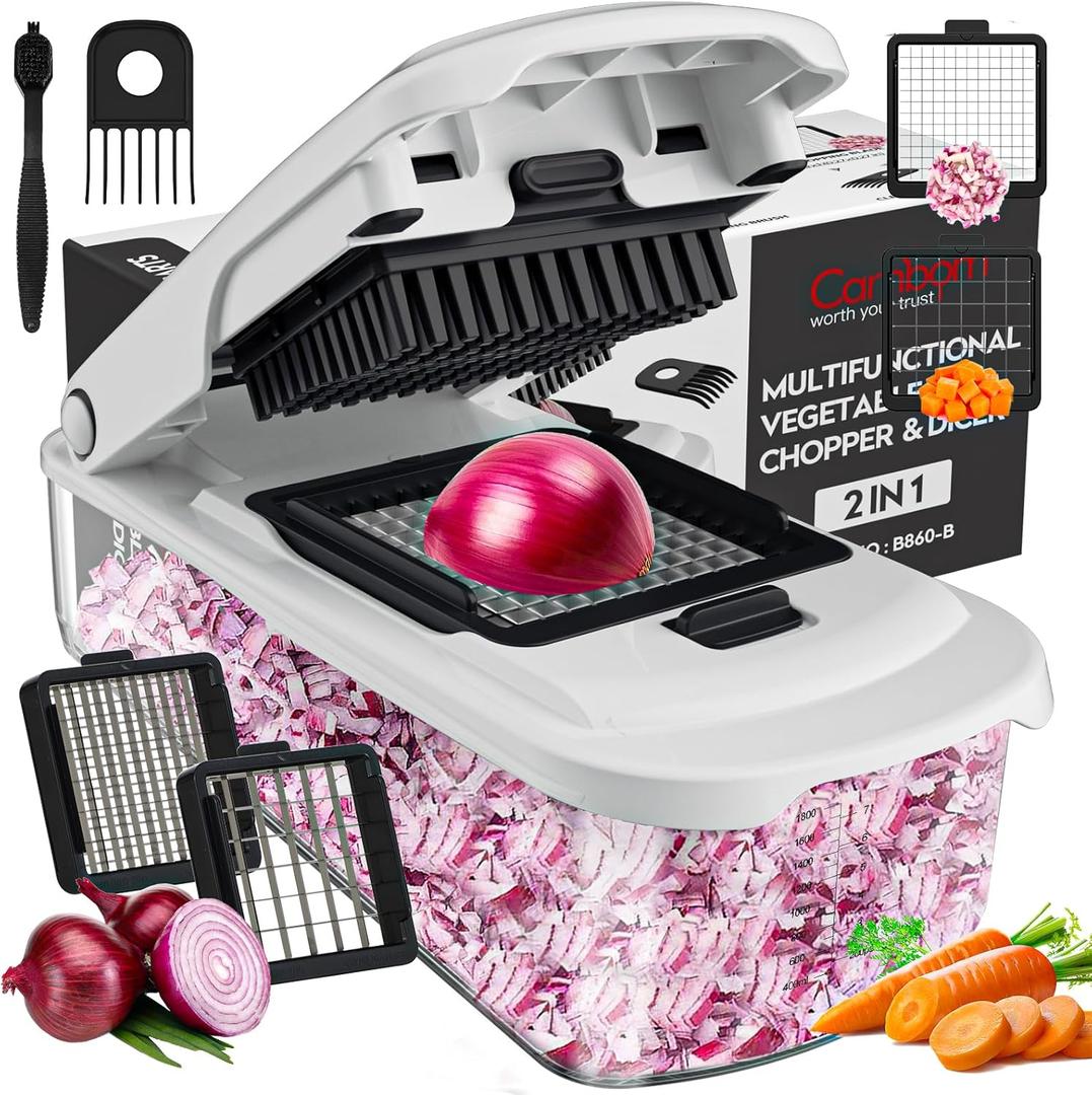 Cambom Vegetable Chopper With Container, Multifunctional Food Chopper Onion & Vegetable Cutter Dicer With 8 Blades, Carrot & Veggie Slicer 2 Blades