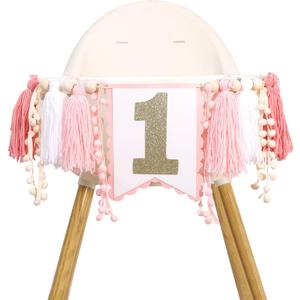 Pink White One High Chair Tassel Banner - Girls 1st Birthday Decoration, Tassel Banner for Girl, 1st Birthday Photo Backdrop, Wall Hangings for Photo Props Party Decoration (Pink)
