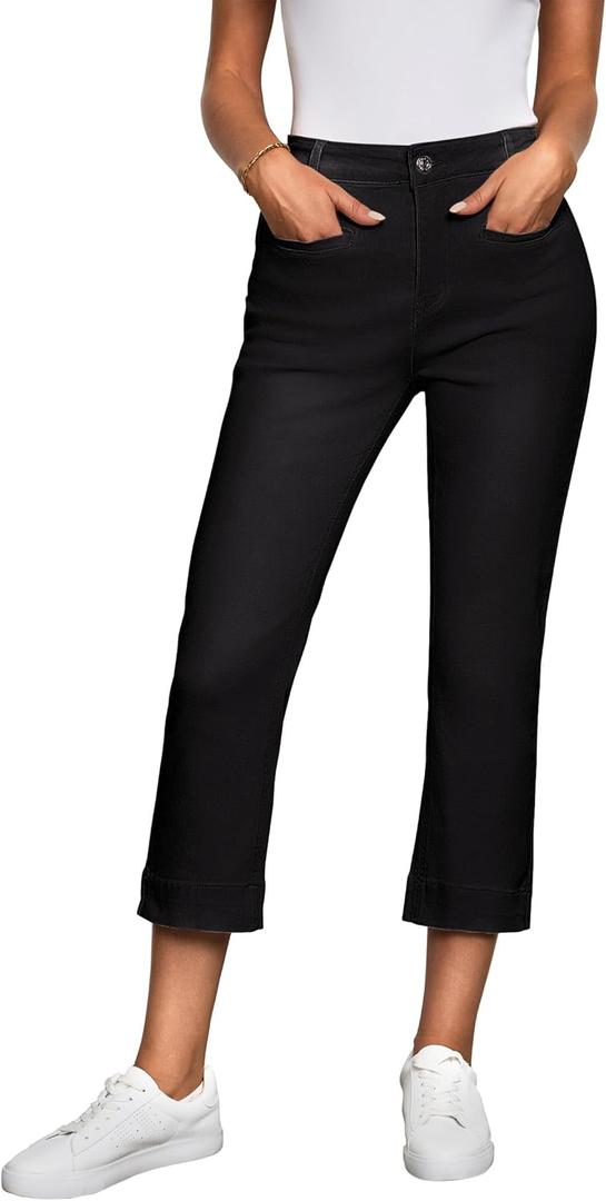 luvamia Capri Jeans for Women High Waisted Slim Straight Stretchy Denim Capris Pants Welt Pockets Casual Cropped Jeans (Medium, True Black)