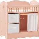 OOOK Baby Doll Crib, Wooden Baby Doll Bed and Changing Table, Dollhouse Furniture with Two Storage Box, Bedding and Coat Hangers, Nursery Playset Suitable for Dolls Under 22 Inches, Pink, 22 x 11.4 x 22.6 inches