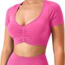 TAYOEA Crop Tops Workout for Women Yoga Short Sleeve Shirts Seamless V-Neck Gym T Shirts with Built in Pads (Pink, XS)