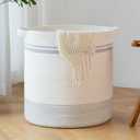 OIAHOMY 80L Laundry Basket, Laundry Hamper, Cotton Rope Storage Basket with Handles, Decorative Woven Basket for Living Room,Storage Baskets for Clothes, Blankets, and Toys -20''18'', White&Gray (Light Grey)