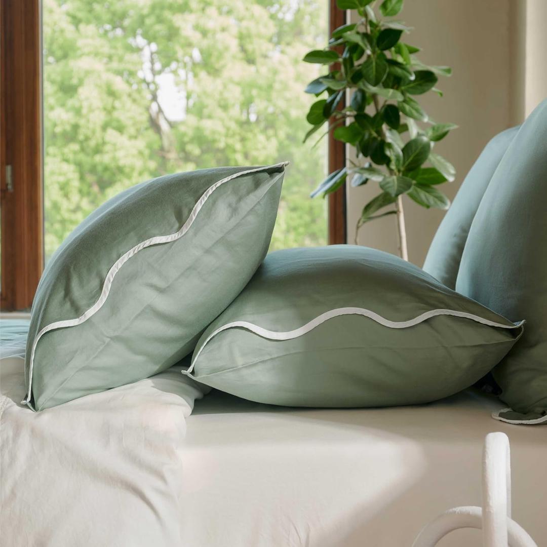 Double Stitch Cotton Tencel Pillow Cases Scalloped - King Size Pillow Cover Set of 2, Eucalyptus Lyocell Cooling Pillowcases for Hot Sleepers, Envelope Closure, Soft & Cozy, Sage Green, 20" x 36"