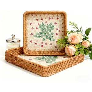 1 pcs Rectangle Rattan Serving Tray with Mother of Pearl Inlay, Decorative Wicker Tray for Coffee, Bread, Fruits, Elegant Table Decor for Living Room & Dining Room (10.6" x 10.6" x 1.9", Beige - Green & Pink Garden)