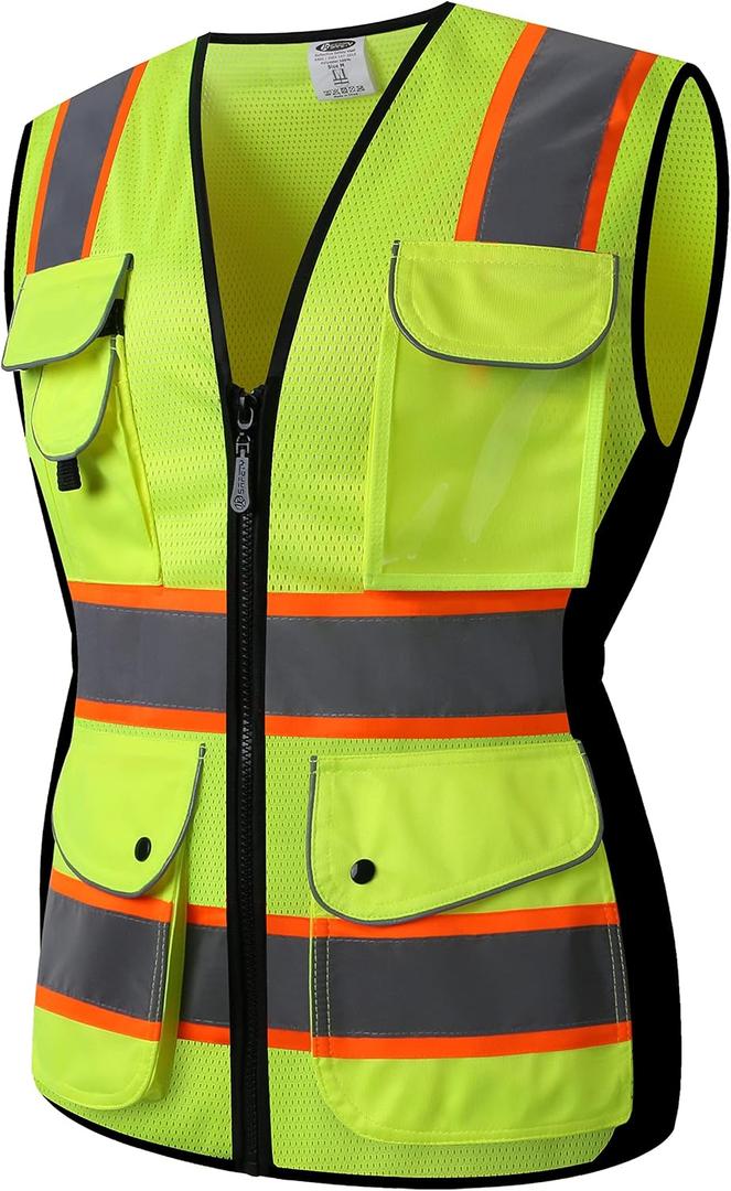 JKSafety Women Hi-Vis Reflective Safety Vest | Neon Color body Sewed Reflective Strips Breathable Lightweight ANSI Compliant (Yellow)