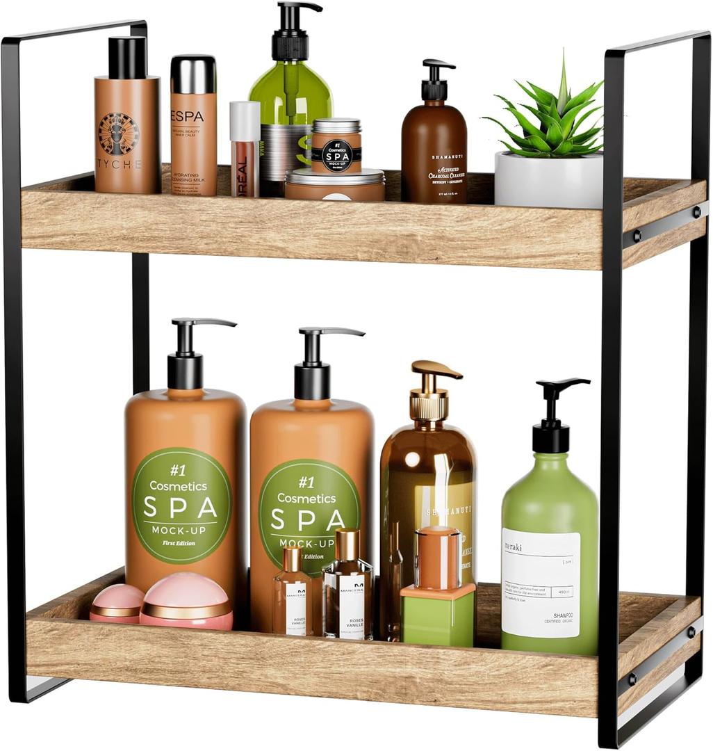 BEKU 2 Tier Bathroom Counter Organizer - Kitchen Sink Countertop Shelf - Makeup Vanity Tiered Tray - (Wood)