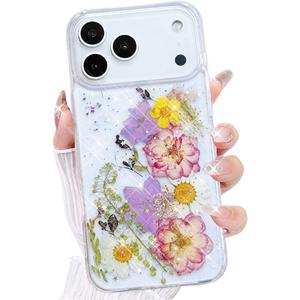 for iPhone 17 Pro Clear Case with Pressed Real Flower Design, Cute Glitter Purple Floral Pattern Slim Soft TPU Shockproof Protective Women Girls Phone Cover for iPhone 17 Pro 6.3", Violet
