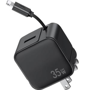 Retractable Wall Charger, 35W Fast USB Chargers Block with Cables for iPhone 14/13/12/11 Pro MAX/XR/XS/8/7,iPad, Portable Retractable Charger Wall Plug for Home Travel Office (Lightening+ cables, Black)