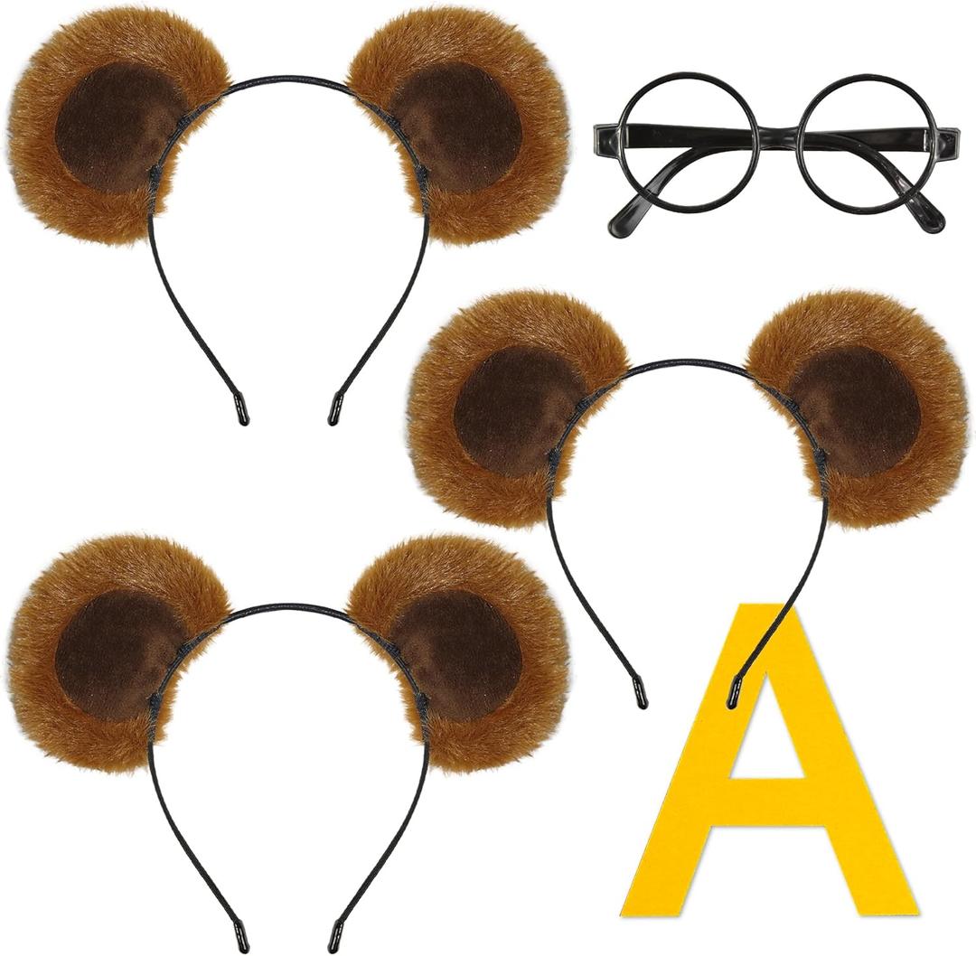 5 Pcs Chipmunk Costume Set, 3 Pack Chipmunk Ears Headband, 1 Round Black Glasses Frame and 1 A-shaped Sticker, Chipmunks Ears for Halloween Party Animal Costume Accessories