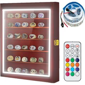 Championship Ring Display Case RGB LED - 30 Ring Large Baseball Ring Display Cases  Wall Display Case Ring Storage, Baseball Ring Holder Display, Holds Basketball Football Rings (Red)