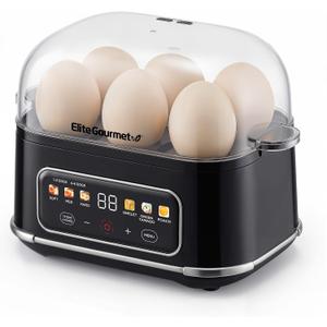 Elite Gourmet Digital Egg Cooker, 6 Egg Capacity, Soft/Medium/Hard Boiled, Onsen Tamago, Poach & Omelet, One-Touch Menu, Audible Alert On/Off, Auto Shut-Off, Black
