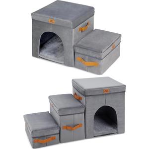 Pet Stairs Steps for Cats & Small and Medium Dogs, Foldable Cat Stairs Steps for High Bed & Couch & Window Sill, Non-Slip Dog Stairs Steps with Storage & Condo (3-Step, 18" H)