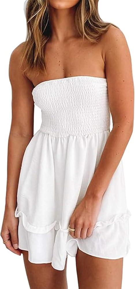 Tube Top Dress for Women Summer Solid Strapless Mini Dresses, Off The Shoudle Ruffle Beach Dress L
