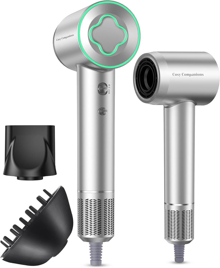 Hair Dryer - 150000 RPM High-Speed Brushless Motor Negative Ionic Blow Dryer for Fast Drying, Low Noise Thermo-Control Hair Dryer with Diffuser and Nozzle, Silvery