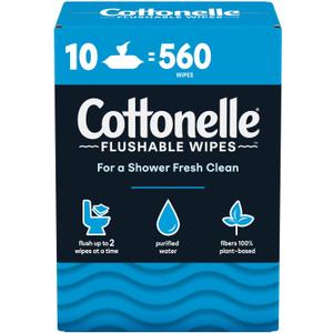 Cottonelle Freshfeel Flushable Wet Wipes - One Box of 560 Wipes (10 Packs of 56 Pieces) Cottonelle Freshfeel Flushable Wet Wipes - One Box of 560 Wipes (10 Packs of 56 Pieces)
