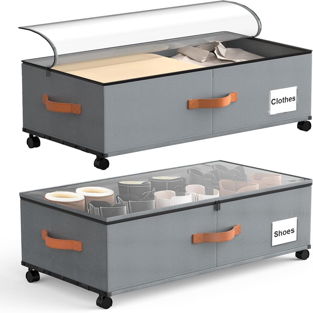 Under Bed Storage Containers with Wheels, 9.5 inches Higher Underbed Shoes Blankets Clothes Toy Storage Drawers for College Dorms Bedrooms Nursery Rooms Organization, 2 Pack to be Assembled (Grey)