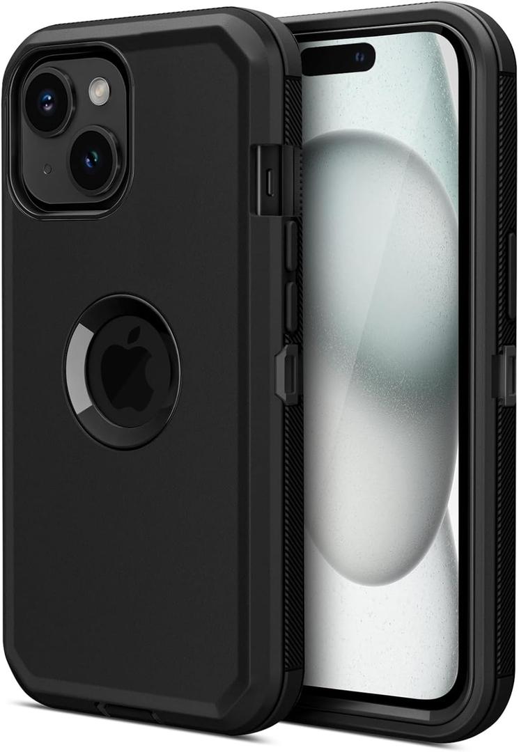 Jiunai for iPhone 15 Case, Heavy Duty Drop Protection Port Cover Screen less Dual Layer Shockproof Rugged Tough Bumper Dust Proof Phone Case Compatible with iPhone 15 6.1 inches 2023 Released - Black