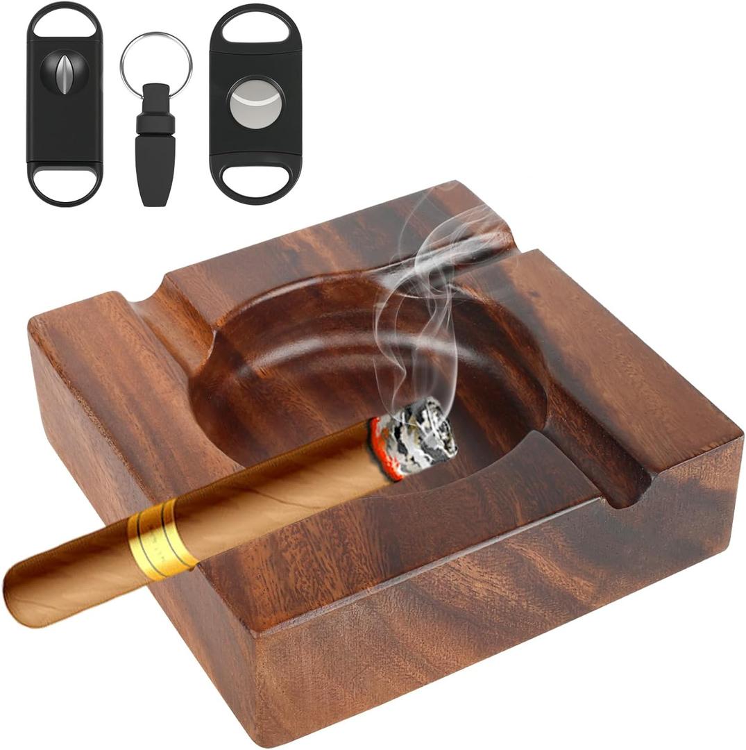 Premium Extra Large Wooden Cigar Ash Tray with 3 Cigar Cutter set, Cigarette Ashtray for Smokers Outside Patio Home Office Bar Use