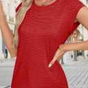 LA BAISEO Womens Casual Cap Short Sleeve Striped Tops Summer Open Back T-Shirts Crew Neck Basic Shirts (Red, XXL)