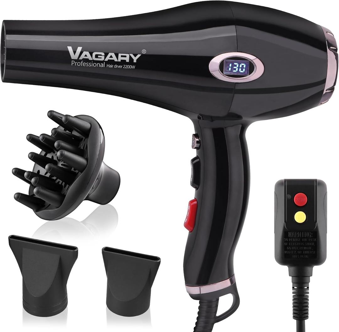 VAGARY Professional Salon 2200W Blower Dryer with Diffuser Concentrator Nozzles,Negative Ionic Blow Dryer,Low Noise Hair Dryers,2 Speeds and 2 Heat Settings 1 Cool Shot Button (Color of Gun)