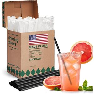 Glotoch Express 500 PCS Individually Wrapped Black Plastic Straws, 10.25'' Long, 0.24'' Diameter Disposable Drinking Straws for Every Occasion, Party, Made in USA