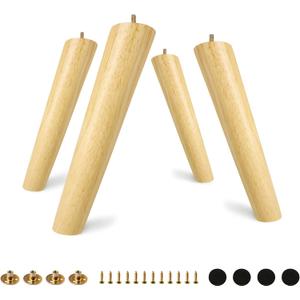 FoDau770 Rubber Wood Furniture Legs 10 Inches, Slant Tapered Wood Feet Mid Century Sofa Legs Set of 4, 5/16" UNC Furniture Feet Replacement Parts for Cabinet Couch Dresser Chair Ottoman Table