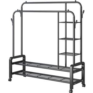 Portable Metal Garment Rack with Wheels,Multi-Functional Double Rods Bedroom Clothing Rack,Double Layer Bottom Shelves and 4 Hooks,Freestanding Coat Rack,A-150 * 50 * 162cm