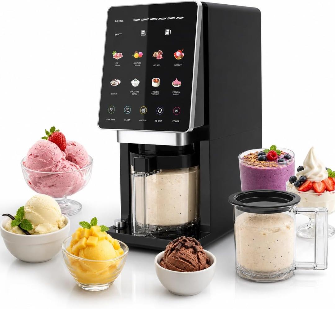 10-in-1 Ice Cream Maker, 1 x 20 oz Container with Lid, TOP and FULL Modes, Mix-In and Re-Spin, for Gelato, Sorbet, Slushies, Frozen Yogurt, Smoothie Bowls and Frozen Drinks, Black