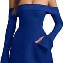 Wenrine Women's Sexy Off The Shoulder Mini Dress Bell Long Sleeve A Line Flared Going Out Club Party Dresses Navy L