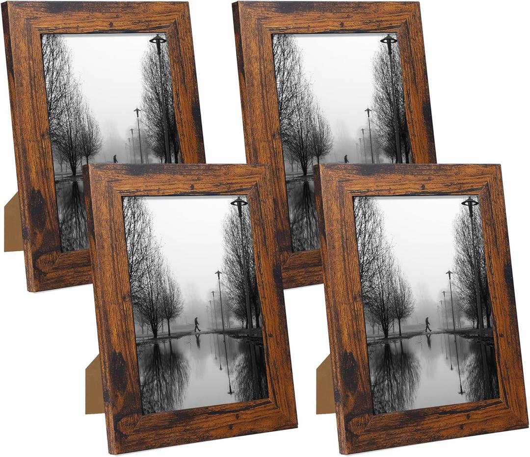5x7 Picture Frame Set of 4, High Definition Glass 5 x 7 Frame, Wood Rustic Photo Frames for Horizontal or Vertical Display Tabletop and Wall Mounting, Dark Brown