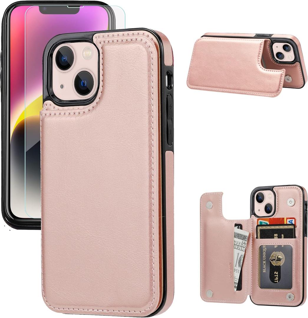 Wallet Case Compatible with iPhone 14, Slim Protective case with Card Holder,Premium PU Leather Kickstand Card Slots Case with a Screen Protective Glass for iPhone 14(6.1")-Rose Gold