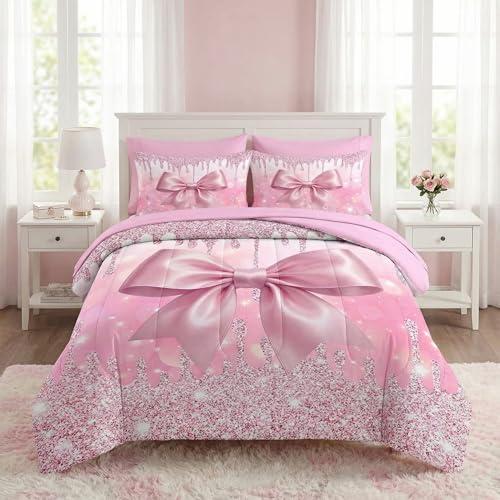 Nesker 5 Pcs Comforter Set Twin Size, Pink Glitter Bow Bedding Set for Kids and Adults, Trendy Pretty Girly Bed Sheet Sets with Fitted Sheet Pillowcase & Sham