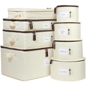 China Storage Hard Shell Containers 8-Piece Set Moving Boxes for Dinnerware, Glasses, Plates, Mugs and Saucers Sturdy Dish Organizer with Dividers for Seasonal Storage - Service for 12 - Beige Quilted