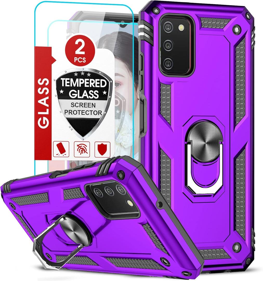LeYi Phone Case for Samsung Galaxy A03S, Galaxy A03S Case with Screen Protector [2 Pack], Heavy Duty Shockproof Protective Case for Women with Magnetic Ring Stand for Samsung A03S (6.5 Inch), Purple