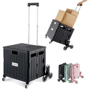 MACOPRO Foldable Utility Cart with Stair Climbing Wheels, Collapsible Rolling Crate with Telescoping Handle, Folding Shopping Trolley Handcart Grocery Book File Tool Teacher Storage Basket (Black) : Office Products