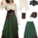 SOOFILM 5 Piece Ren Faire Dress Outfit for Women, Medieval Renaissance Faire Costume - with Corset Belt and Pouch Green, Medium