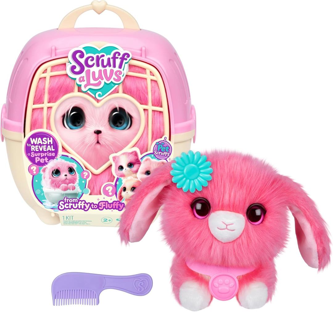 SCRUFFALUVS Pink Surprise Pet, Mystery Plush Toys, Stuffed Animals, Wash to Reveal 1 of 3 Rescue Pets: Puppy, Bunny, or Kitty - Includes 8.7" Deluxe Pet Carrier - Styles May Vary
