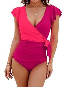 Blooming Jelly Women's Tummy Control Swimsuits Slimming One Piece Bathing Suit Ruffle Wrap V Neck Swimwear  (Fuchsia, Medium)