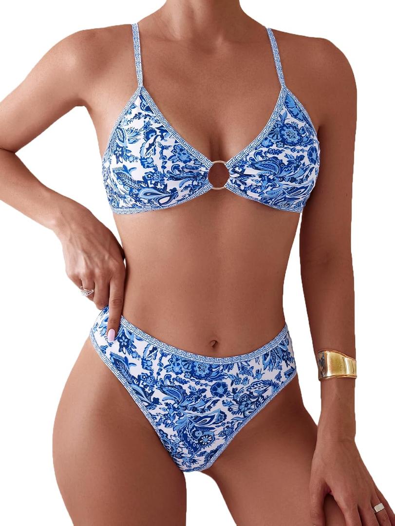 Fanuerg Women's Triangle Bikini Sets O Ring Linked Two Piece Swimsuits Floral Printed Cheeky Bathing Suit Paisley Blue Floral L