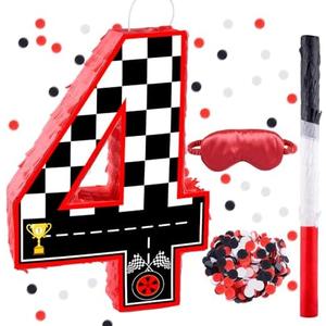 16 Inch Number 4 Race Car Pinata with 16 Inch Piñata Stick Blindfold Confetti for Boy Girl Kids 4th Birthday Party Decorations(4th)