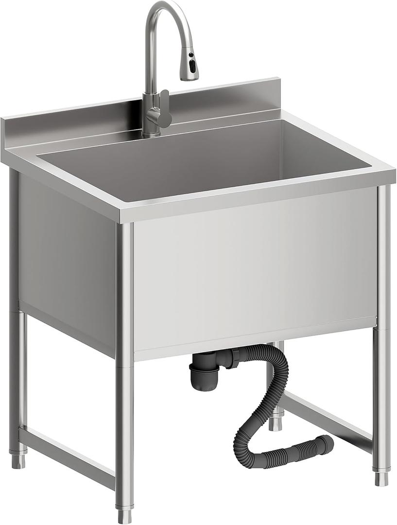 Stainless Steel Commercial Restaurant Sink, Freestanding Large Commercial Sink with Pull-out Faucet for Kitchen Dishwashing, Thawing, Pet Cleaning, Laundry Room, 23.6"D x 27.5"W x 36.8"H, 23.6"D x 27.55"W x 36.8"H
