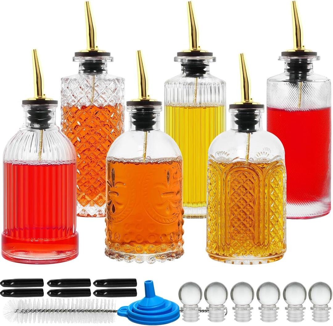 Coffee Syrup Dispenser Bottles Set 6 Pack 7 OZ, Simple Small Glass Syrup Bottles for Coffee Bar with Metal Pour Spout Ideal for Coffee Syrups, Honey