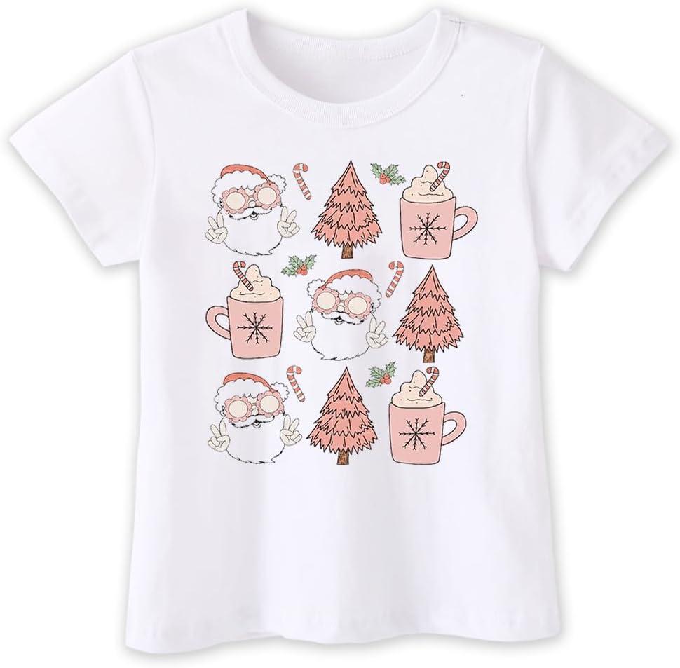 Toddler Boy Christmas Shirt for Girls Kids, Happy Xmas Tee, Santa Snowman Trees Dinosaur Reindeer Digger, 2-6T (3-4T, Tree and Cup-white)