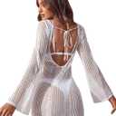 Floerns Women's Crochet Cover Up Long Sleeve Hollow Out Bikini Swimsuit Beach Cover Up Swimwear White, XS