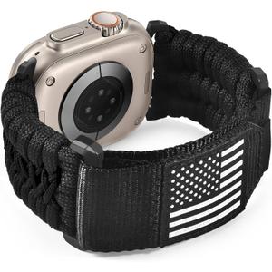 Nylon Loop Sport Band Compatible With Apple Watch 49mm 45mm 44mm 42mm, Rugged Tactical Paracord Strap for Ultra 2/Ultra Series 10 9 8 7 6, Breathable Braided Smartwatch for Men(Black)