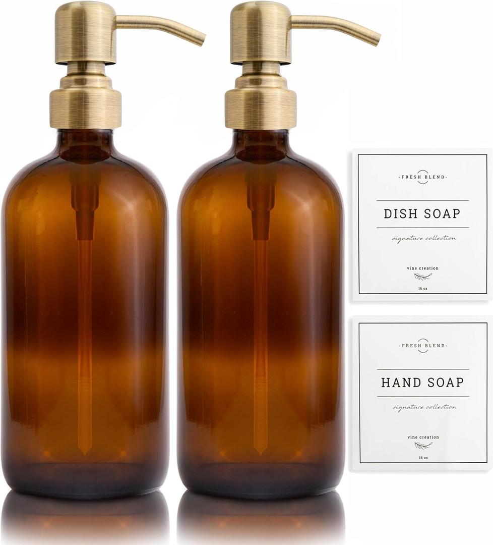 Vine Creations Amber Glass Soap Dispenser, 2 Pack Kitchen Soap Dispenser Set with Stainless Steel Pump, 16 oz Dish Soap and Hand Soap Dispensers for Bathroom with Waterproof Labels (Amber Bottle / Brushed Brass Pump)